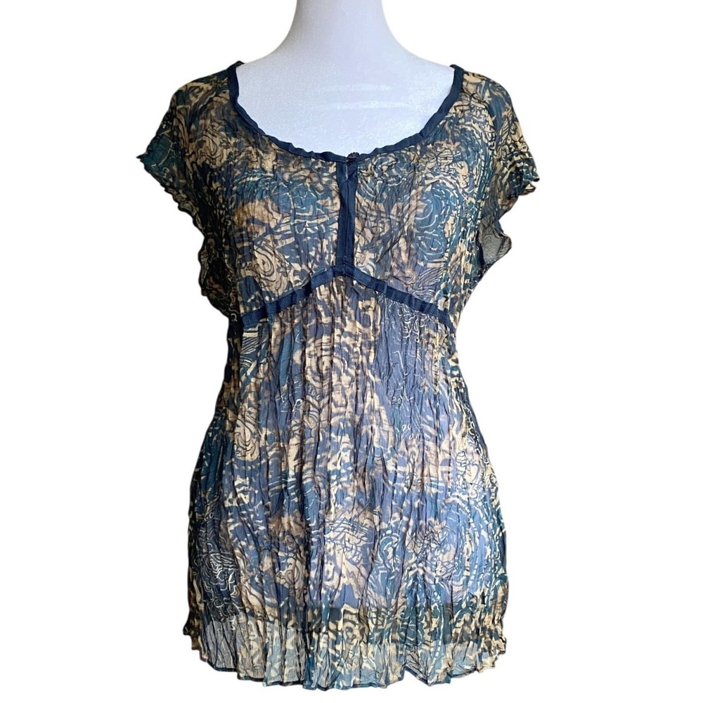 Vintage Y2K Crinkle Sheer Empire Waist Blue Blouse Top 16 Fairy Ethereal Boho